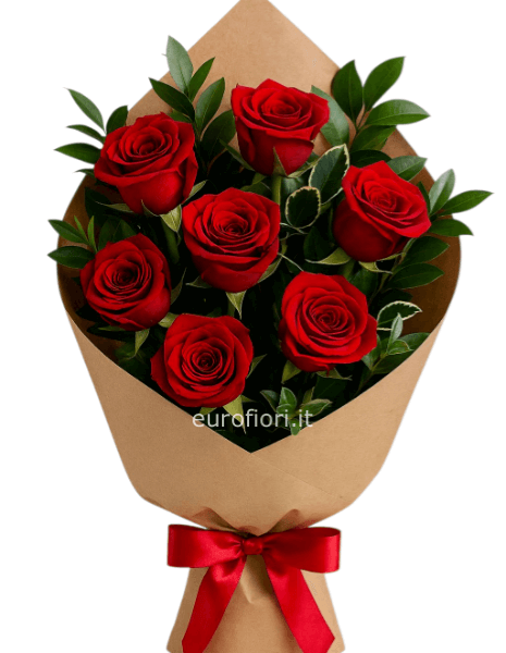 Mazzo di 7 rose rosse gambo medio